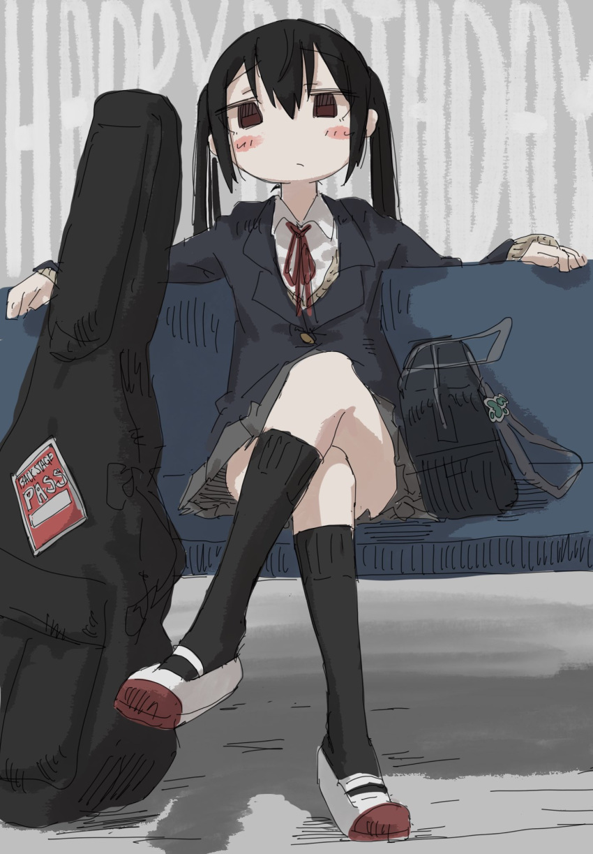 bench black_eyes black_hair black_socks blush closed_mouth crossed_legs female guitar_case highres instrument_case k-on! kneehighs leoleonardk10 long_hair looking_at_viewer nakano_azusa sakuragaoka_high_school_uniform school_uniform shoes sitting socks solo twintails uwabaki winter_uniform