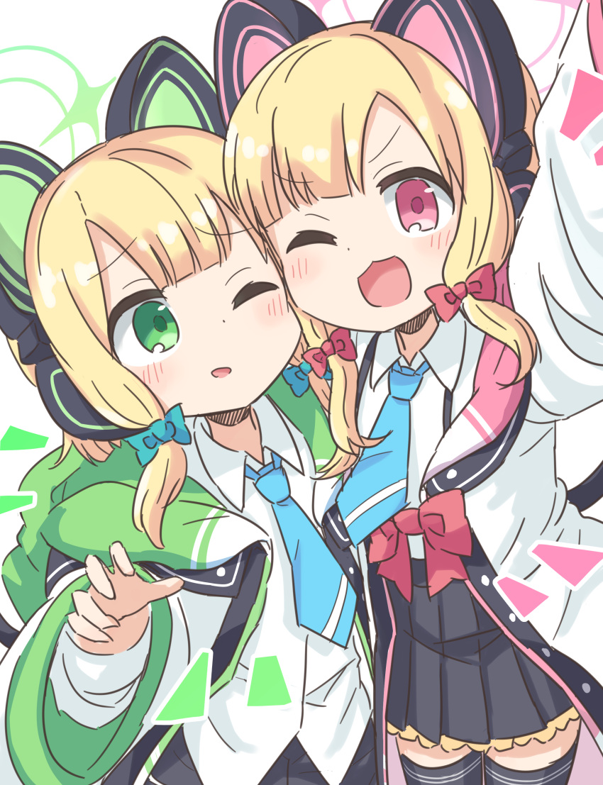 2girls ;d absurdres animal_ears arm_up black_skirt black_thighhighs blonde_hair blue_archive blue_bow blue_necktie blush bow collared_shirt commentary_request dress_shirt fake_animal_ears green_eyes guriin hairbow highres hood hood_down hooded_jacket jacket long_sleeves midori_(blue_archive) momoi_(blue_archive) multiple_girls necktie notice_lines off_shoulder one_eye_closed open_clothes open_jacket pleated_skirt red_bow red_eyes shirt siblings sisters skirt smile suspender_skirt suspenders thighhighs twins v-shaped_eyebrows white_background white_jacket white_shirt