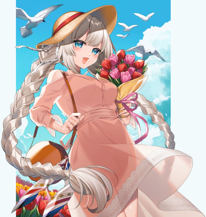 absurdres bag bird blue_eyes blush bouquet braid breasts day dress fate/grand_order fate_(series) female flower grey_hair handbag hat highres holding holding_bouquet kan'yu_(citron_82) long_hair long_sleeves looking_at_viewer marie_antoinette_(fate) marie_antoinette_(under_the_same_sky)_(fate) official_alternate_costume open_mouth outdoors pink_dress smile solo sun_hat tulip twin_braids very_long_hair