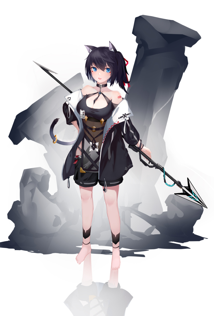 .l.l :d absurdres animal_ear_fluff animal_ears bad_id bad_pixiv_id bare_shoulders barefoot black_hair black_jacket black_shorts breasts cat_ears cat_girl cat_tail cleavage cleavage_cutout clothing_cutout collarbone commentary_request eyebrows_hidden_by_hair female full_body hair_between_eyes hair_ribbon hand_on_own_hip highres holding holding_polearm holding_weapon jacket long_sleeves medium_breasts off_shoulder one_side_up open_mouth original polearm puffy_long_sleeves puffy_sleeves red_ribbon reflection ribbon short_shorts shorts smile solo spear standing tail teeth upper_teeth_only v-shaped_eyebrows weapon white_background