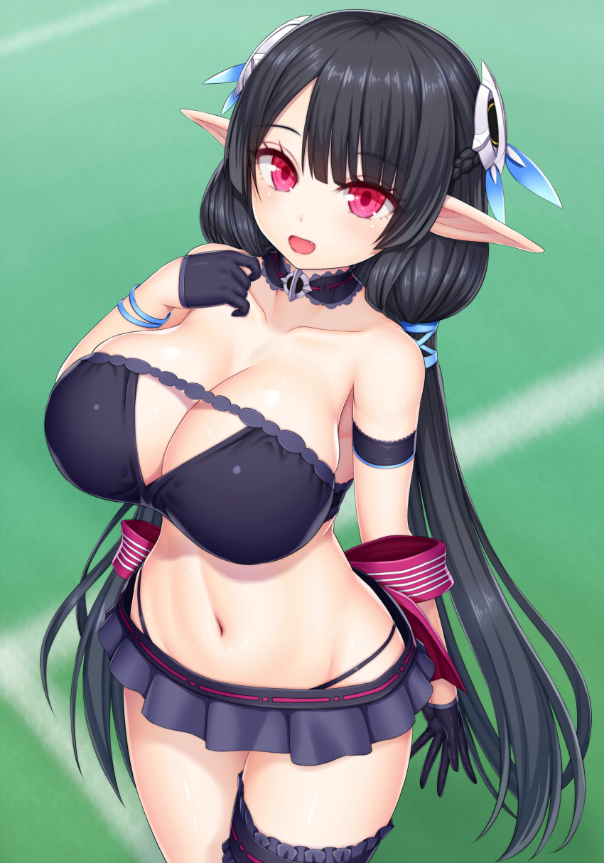 :d anette_(pso2) arm_strap asamura_hiori back_bow bare_shoulders bikini bikini_under_clothes black_choker black_hair black_skirt blunt_bangs blush bow braid breasts bridal_garter choker cleavage cleavage_cutout clothing_cutout collarbone commentary_request cowboy_shot elf female french_braid frills green_background hand_on_own_chest headgear highres large_breasts long_hair low_twintails miniskirt navel oerba_yun_fang open_mouth phantasy_star phantasy_star_online_2 pink_eyes pleated_skirt pointy_ears purple_bow skirt smile solo stomach strapless strapless_bikini swimsuit twintails very_long_hair wristband