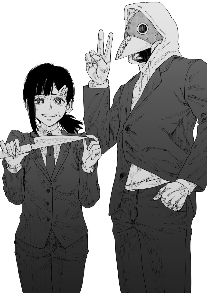 1boy black_pants black_suit business_suit chainsaw_man collared_shirt female formal greyscale hair_ornament hand_in_pocket height_difference higashiyama_kobeni highres holding holding_knife holding_weapon hood hoodie knife looking_at_viewer mask mole mole_above_mouth mole_under_eye mole_under_mouth monochrome multiple_moles necktie nervous_smile otsudou pants ponytail shirt smile suit sweat v violence_fiend_(chainsaw_man) weapon white_background