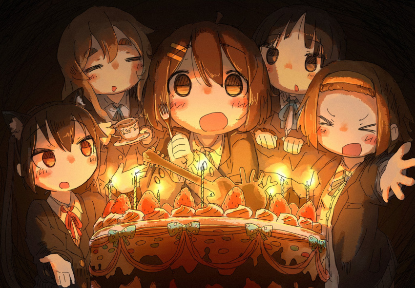 >_< >o< 5girls :d akiyama_mio animal_ears birthday_cake black_hair blonde_hair blush brown_eyes brown_hair cake cat_ears closed_eyes facing_viewer fake_animal_ears food fork hair_ornament hairband hairclip highres hirasawa_yui holding holding_fork k-on! kotobuki_tsumugi leoleonardk10 long_hair looking_at_another looking_at_viewer multiple_girls nakano_azusa open_mouth parted_lips sakuragaoka_high_school_uniform school_uniform short_hair smile tainaka_ritsu twintails winter_uniform xd