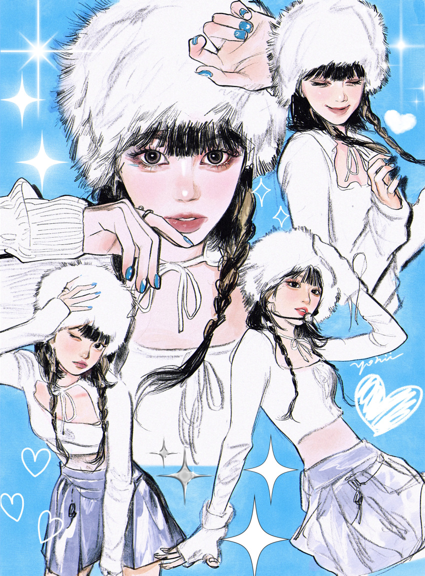 absurdres antifragile_(le_sserafim) black_hair blonde_hair blue_background blue_nails blue_skirt braid breasts collarbone commentary crop_top cropped_shirt earpiece female fingerless_gloves fur_hat gloves hand_on_own_head hat heart highres k-pop kim_chae-won le_sserafim long_hair long_sleeves looking_at_viewer medium_breasts multicolored_hair multiple_views nail_polish one_eye_closed papakha parted_lips pleated_skirt real_life signature skirt sleeves_past_wrists smile sparkle streaked_hair symbol-only_commentary twin_braids white_gloves white_headwear yohii863