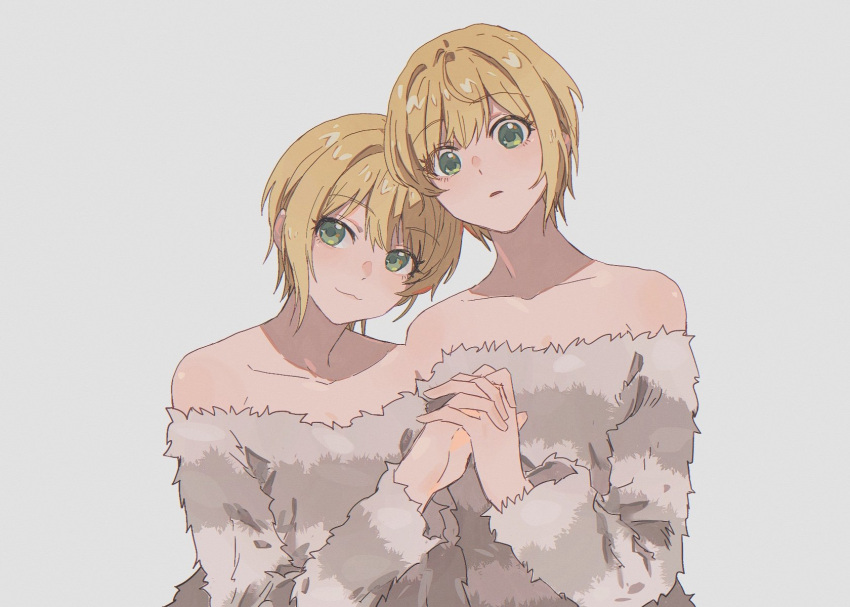 2girls blonde_hair blush clone collarbone fur_sweater green_eyes highres holding_hands idolmaster idolmaster_cinderella_girls interlocked_fingers looking_at_viewer miyamoto_frederica multiple_girls off-shoulder_sweater off_shoulder short_hair simple_background striped_clothes striped_sweater sweater upper_body yumi_xsh