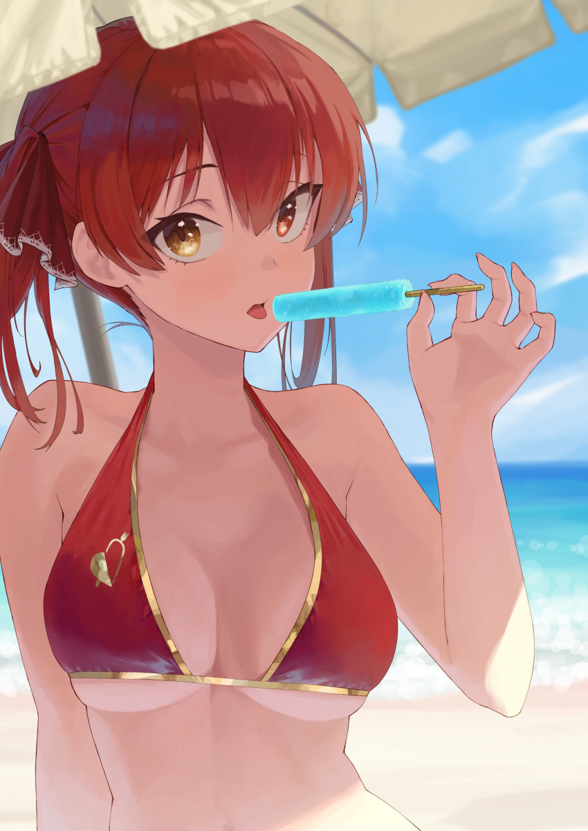 beach beach_umbrella bikini blue_skirt breasts cloud commentary_request day female food hair_between_eyes hair_ribbon halterneck heterochromia highres holding holding_food hololive houshou_marine houshou_marine_(summer) long_hair looking_at_viewer makimaki_makky7 medium_breasts official_alternate_costume outdoors popsicle red_bikini red_eyes red_hair ribbon shade skirt solo strap_gap swimsuit tongue twintails umbrella upper_body virtual_youtuber yellow_eyes