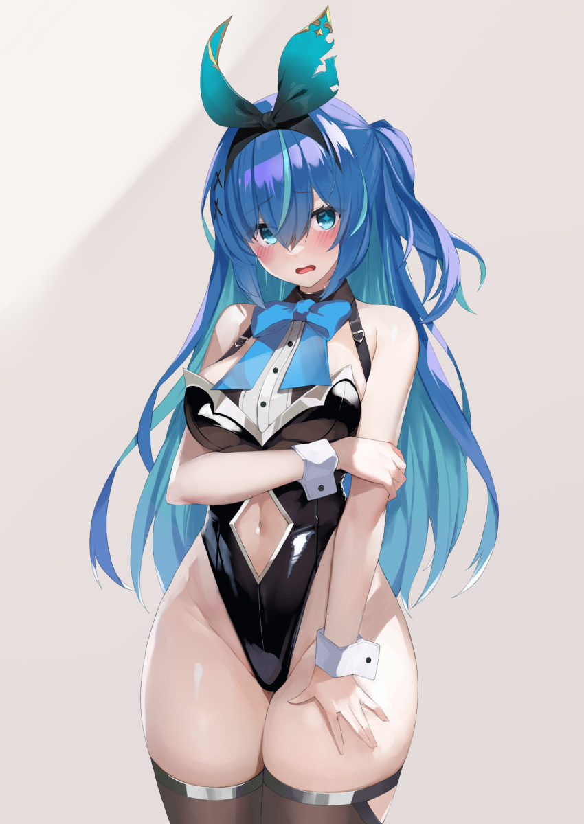 absurdres bare_arms bare_shoulders black_leotard blue_eyes blue_hair bow bowtie breast_hold breasts brown_thighhighs clothing_cutout cowboy_shot female hair_ribbon hand_on_own_thigh highleg highleg_leotard highres leotard long_hair looking_at_viewer medium_breasts nakamura_nagare navel navel_cutout one_side_up open_mouth original playboy_bunny ribbon simple_background solo standing stomach strapless strapless_leotard thighhighs thighs white_background wrist_cuffs