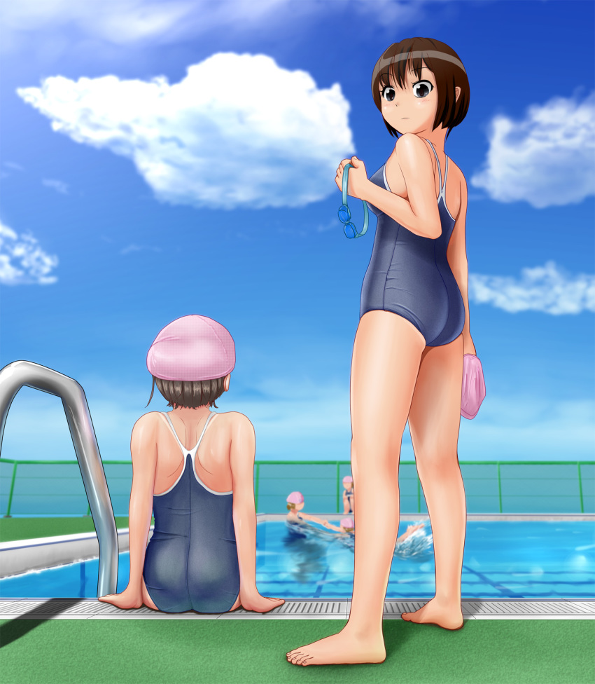 5girls ass barefoot brown_hair commentary_request competition_school_swimsuit goggles grey_eyes highres holding holding_goggles irohatori looking_at_viewer multiple_girls outdoors pool pool_ladder poolside school_swimsuit short_hair swim_cap swimsuit tan tanlines unworn_swim_cap