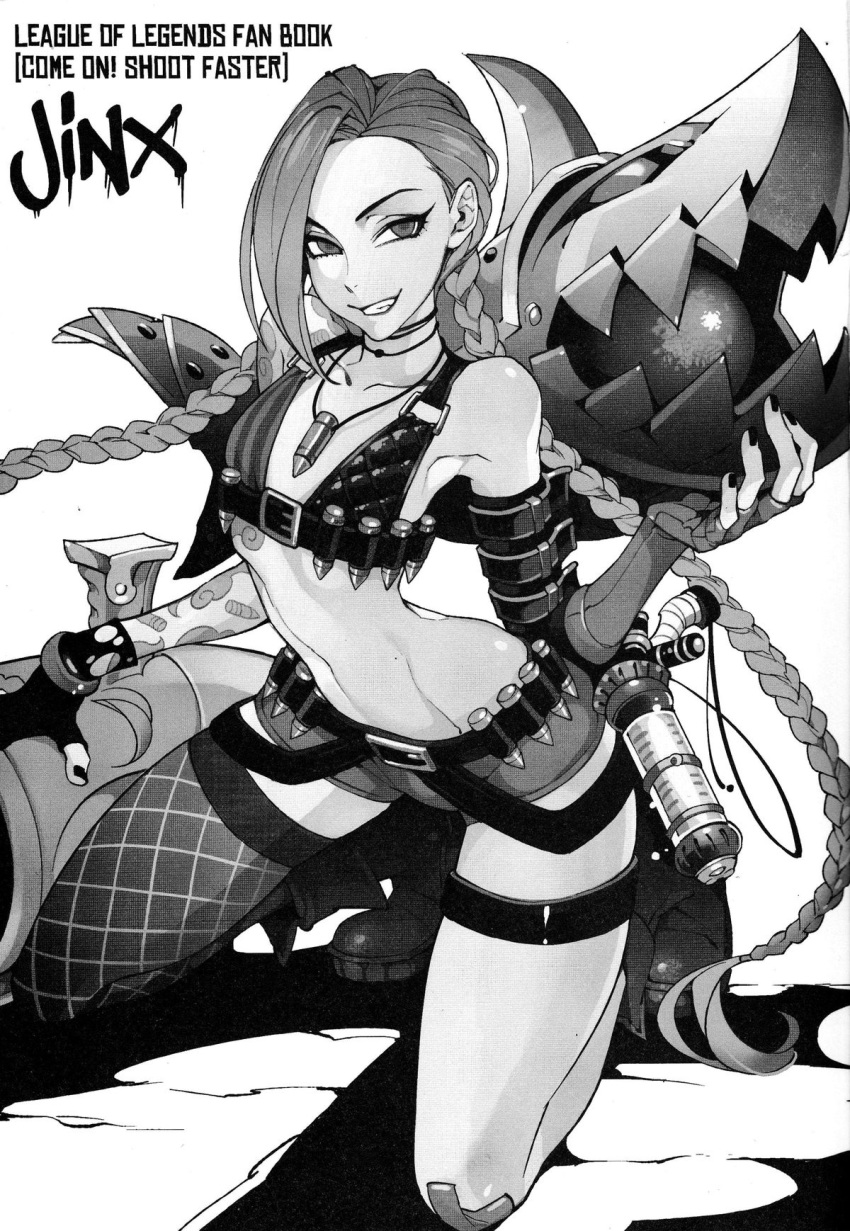 boots english_text female female_only gloves hirame jewelry jinx_(league_of_legends) league_of_legends looking_at_viewer navel necklace partially_clothed shoes shorts smile solo stockings tattoos text tied_hair twintails