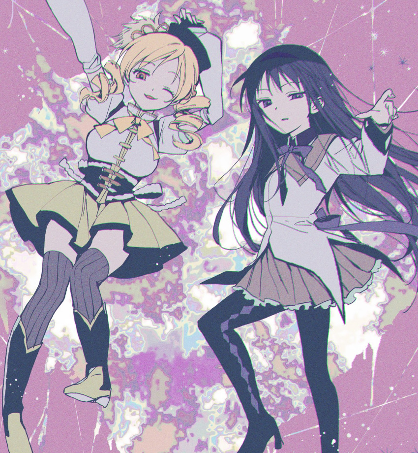 akemi_homura akemi_homura_(magical_girl) azuki_(aduki) beret black_skirt blonde_hair corset dress drill_hair hair_ornament hat high_heels highres long_dress long_hair long_sleeves mahou_shoujo_madoka_magica mahou_shoujo_madoka_magica_(anime) multicolored_clothes multicolored_dress multiple_girls neck_ribbon pantyhose puffy_sleeves ribbon skirt striped_clothes striped_thighhighs thighhighs tomoe_mami tomoe_mami_(magical_girl) vertical-striped_clothes vertical-striped_thighhighs yellow_skirt zettai_ryouiki