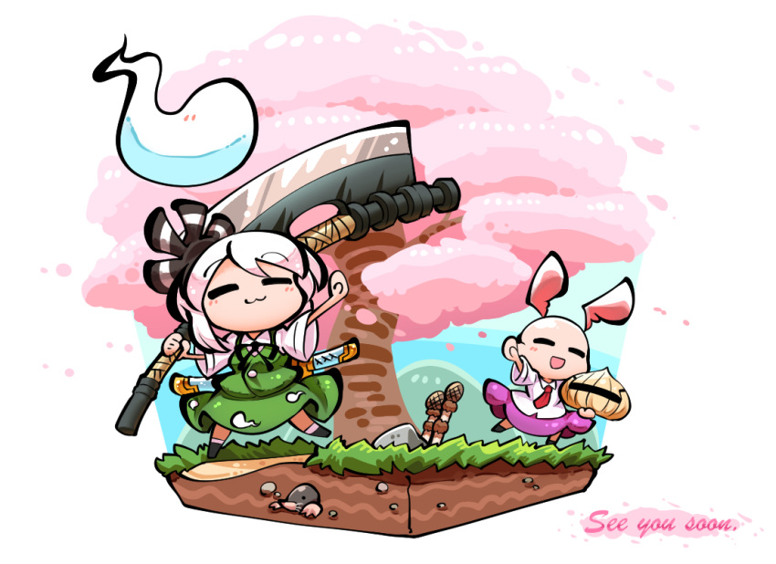 2girls :3 animal_ears bald bald_girl bow buttons chibi closed_eyes dark_souls_(series) dark_souls_iii dress hairband hairbow helmet holding holding_weapon horsetail_(plant) kashuu_(b-q) konpaku_youmu konpaku_youmu_(ghost) mole_(animal) multiple_girls necktie purple_hair rabbit_ears reisen_udongein_inaba rock sheath sheathed siegmeyer_of_catarina sword touhou tree waving weapon weapon_on_back white_hair yhorm's_great_machete_(weapon)