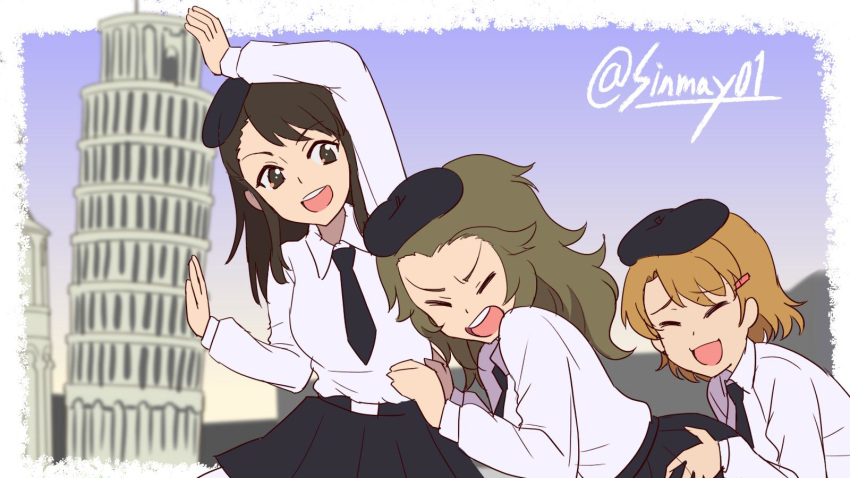 3girls amaretto_(girls_und_panzer) anzio_school_uniform beret black_headwear black_necktie black_skirt blue_sky blurry blurry_background brown_hair closed_eyes commentary day depth_of_field dress_shirt gelato_(girls_und_panzer) girls_und_panzer hair_ornament hairclip hands_on_another's_back hat highres leaning_to_the_side leaning_tower_of_pisa long_hair long_sleeves looking_at_viewer miniskirt multiple_girls necktie one-hour_drawing_challenge open_mouth outdoors panettone_(girls_und_panzer) pantyhose perspective pleated_skirt pose school_uniform shinmai_(kyata) shirt short_hair skirt sky smile standing twitter_username white_shirt