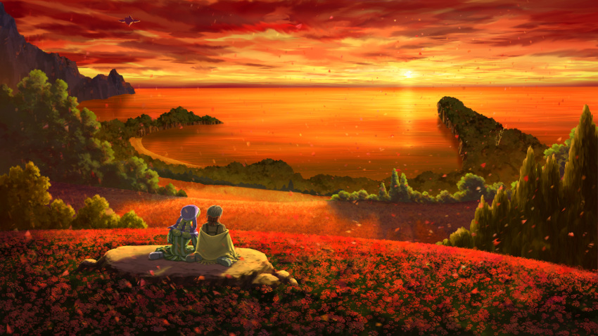 1boy aircraft blonde_hair boots braid brown_hair castle cloud cloudy_sky colette_mapleleaf den_dengaku dress female field flower flower_field gloves hat highres long_hair moccasins ocean orange_sky outdoors petals photoshop_(medium) poncho red_flower ribbon sand scenery shoes sitting sky sunset tim_rhymeless tree twintails wild_arms wild_arms_2