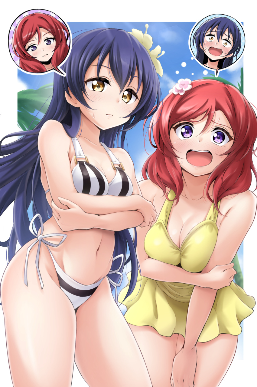 2girls absurdres arm_under_breasts bikini black_bikini blue_hair blue_sky blush body_switch border breast_press breasts casual_one-piece_swimsuit cleavage closed_mouth commentary_request crossed_arms embarrassed flower frown hair_between_eyes hair_flower hair_ornament highres kirisaki_reina long_hair looking_at_viewer love_live! love_live!_school_idol_project medium_breasts multiple_girls navel nishikino_maki one-piece_swimsuit open_mouth personality_switch purple_eyes red_hair short_hair side-tie_bikini_bottom sky sonoda_umi striped_bikini striped_clothes swap sweatdrop swimsuit two-tone_bikini white_bikini white_border yellow_eyes yellow_one-piece_swimsuit