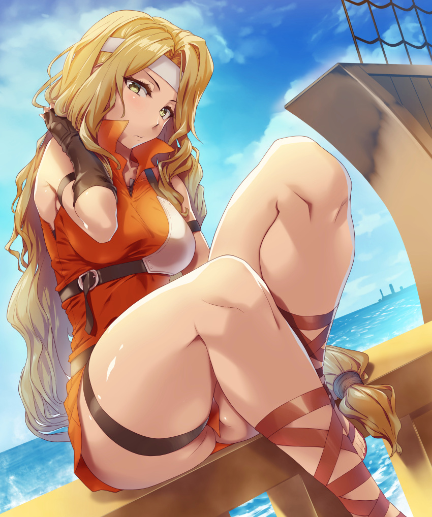 absurdres armor ass bare_shoulders beach belt blonde_hair blush breasts brigid_(fire_emblem) brown_gloves dress female fingerless_gloves fire_emblem fire_emblem:_genealogy_of_the_holy_war gladiator_sandals gloves green_eyes hand_in_own_hair headband highres legs long_hair looking_at_viewer low-tied_long_hair muneate ocean outdoors ponytail sajittari sand sandals ship short_dress signature sitting sky sleeveless sleeveless_dress solo source_request thick_thighs thigh_strap thighs very_long_hair watercraft white_headband