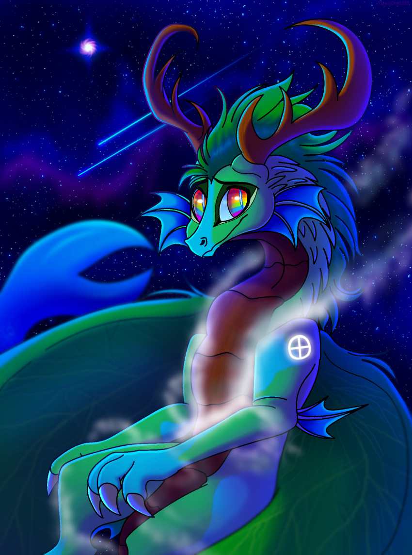 2019 ambiguous_gender cosmic_background cosmic_being deer detailed_background digital_media_(artwork) dragon earth_(plaguedogs123) feral fur furred_dragon furred_scalie green_hair hair hi_res hybrid looking_at_viewer mammal mythological_creature mythological_scalie mythology plaguedogs123 reptile scalie solo space wingless_dragon