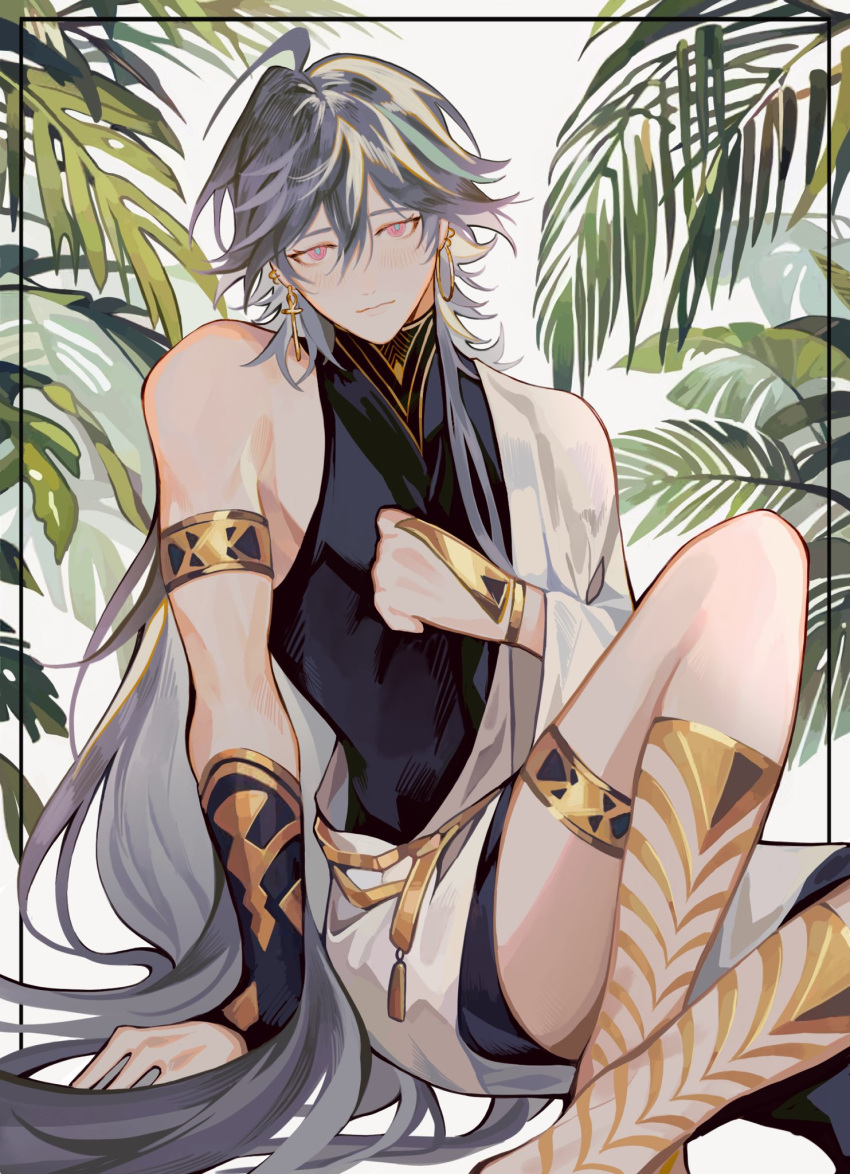 0nashiro 1boy ahoge alternate_costume aqua_hair bare_shoulders bishounen black_shirt black_shorts blush closed_mouth cross cross_earrings earrings grey_hair hair_between_eyes highres honkai_(series) honkai_impact_3rd jacket jewelry leaf long_hair looking_at_viewer male_focus multicolored_hair red_eyes shirt shorts sleeveless sleeveless_shirt solo su_(honkai_impact) thigh_strap white_background white_jacket