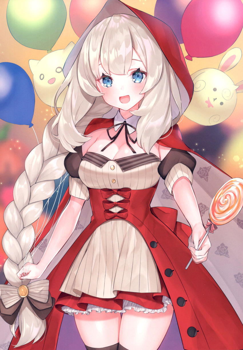 absurdres artist_logo basket black_thighhighs blue_eyes bottle bow braid bread breasts candy cape cleavage dated fate/grand_order fate_(series) female food grey_hair hairbow highres holding lollipop long_hair looking_at_viewer marie_antoinette_(fate) marie_antoinette_(festival_outfit)_(fate) medium_breasts multicolored_cape multicolored_clothes official_alternate_costume photoshop_(medium) red_cape simple_background single_braid smile solo suzuho_hotaru swirl_lollipop thighhighs third-party_source