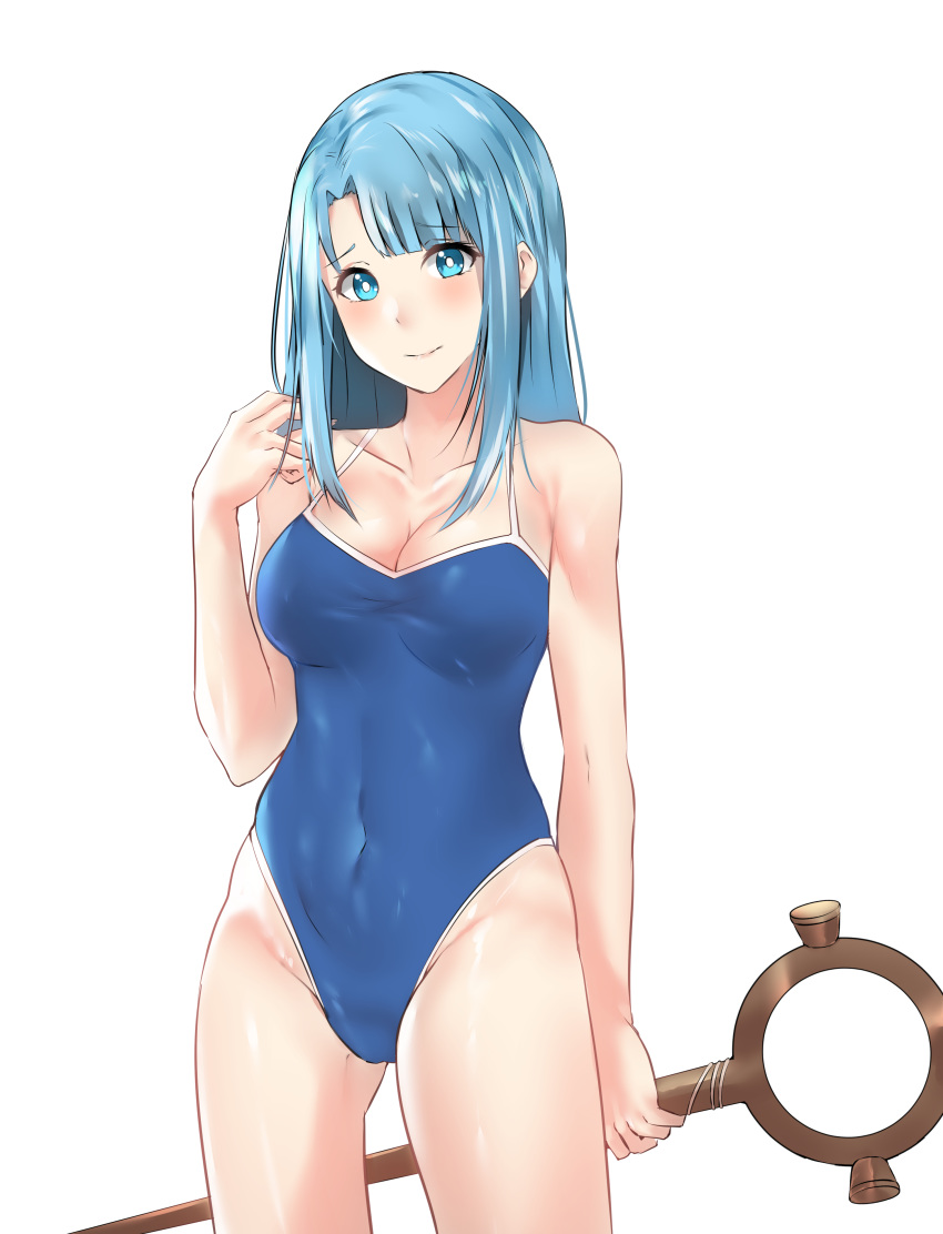 absurdres aqua_eyes aqua_hair blue_one-piece_swimsuit blush breasts cleavage collarbone covered_navel cowboy_shot female highres large_breasts long_hair looking_at_viewer medhi nervous nervous_smile okamired one-piece_swimsuit simple_background smile solo staff swimsuit tsuujou_kougeki_ga_zentai_kougeki_de_ni-kai_kougeki_no_okaasan_wa_suki_desu_ka? white_background