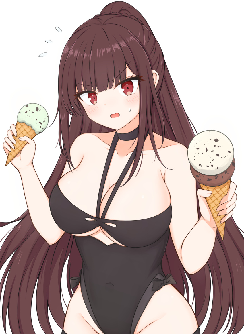 bare_shoulders black_one-piece_swimsuit blush bow_swimsuit breasts cleavage collarbone covered_navel female food girls'_frontline high_ponytail highres ice_cream large_breasts long_hair looking_at_viewer official_alternate_costume one-piece_swimsuit open_mouth purple_hair red_eyes risshu solo sweatdrop swimsuit wa2000_(girls'_frontline) wa2000_(op._manta_ray)_(girls'_frontline) white_background