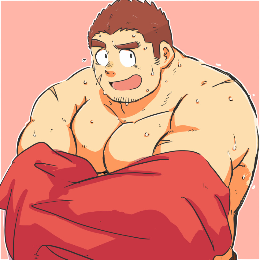 1boy bara blush brown_hair facial_hair highres large_pectorals male_focus muscular muscular_male pectorals saruhiko_(mtmnkmn) scar short_hair solo sweat tamamura_gunzo thick_eyebrows tokyo_afterschool_summoners topless_male undressing upper_body