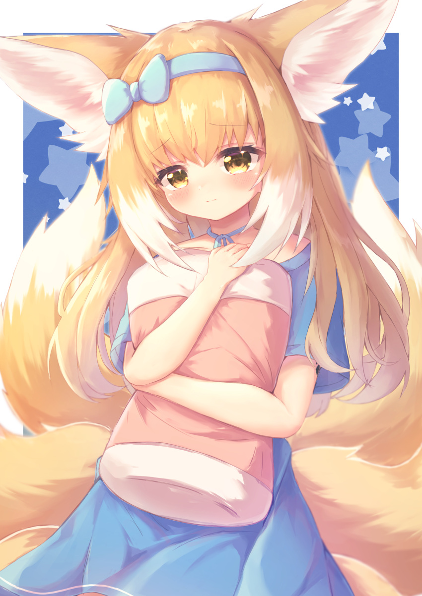 absurdres alternate_costume alternate_hairstyle animal_ears arknights blonde_hair blue_background blue_bow blue_dress blue_hairband blue_ribbon blush border bow chrocatz colored_tips cowboy_shot dress female fox_ears fox_girl fox_tail hairband hairbow highres hugging_object kitsune looking_at_viewer multicolored_hair multiple_tails neck_ribbon outside_border pillow pillow_hug ribbon simple_background solo starry_background streaked_hair suzuran_(arknights) tail white_border white_hair yellow_eyes