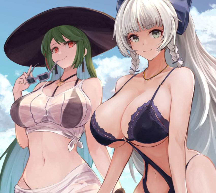 2girls azur_lane bare_arms bare_shoulders bikini bikini_under_clothes black_bikini black_headwear blue_hair blue_sky blunt_bangs blush braid breasts cleavage closed_mouth collarbone colored_inner_hair commentary_request day green_eyes green_hair hat highres holding holding_removed_eyewear jewelry large_breasts linked_bikini littorio_(azur_lane) littorio_(the_glory_of_naples)_(azur_lane) looking_at_viewer marshall_k monokini multicolored_hair multiple_girls navel necklace official_alternate_costume outdoors purple-framed_eyewear sarong shirt sky sleeveless smile straight_hair sun_hat sunglasses swimsuit tank_top tied_shirt twin_braids unworn_eyewear vittorio_veneto_(azur_lane) vittorio_veneto_(the_flower_of_la_spezia)_(azur_lane) white_hair