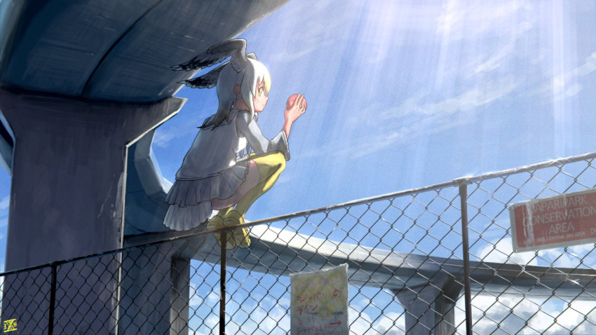 bird_girl bird_tail bird_wings blonde_hair blue_neckerchief chain-link_fence commentary_request common_gull_(kemono_friends) female fence food grey_hair grey_sweater head_wings imnim_leef japari_bun kemono_friends loafers long_hair looking_at_viewer multicolored_hair neckerchief outdoors overpass pleated_skirt sailor_collar shoes sign skirt solo squatting sweater tail thighhighs vest white_hair white_skirt white_vest wings yellow_eyes yellow_footwear yellow_thighhighs zettai_ryouiki