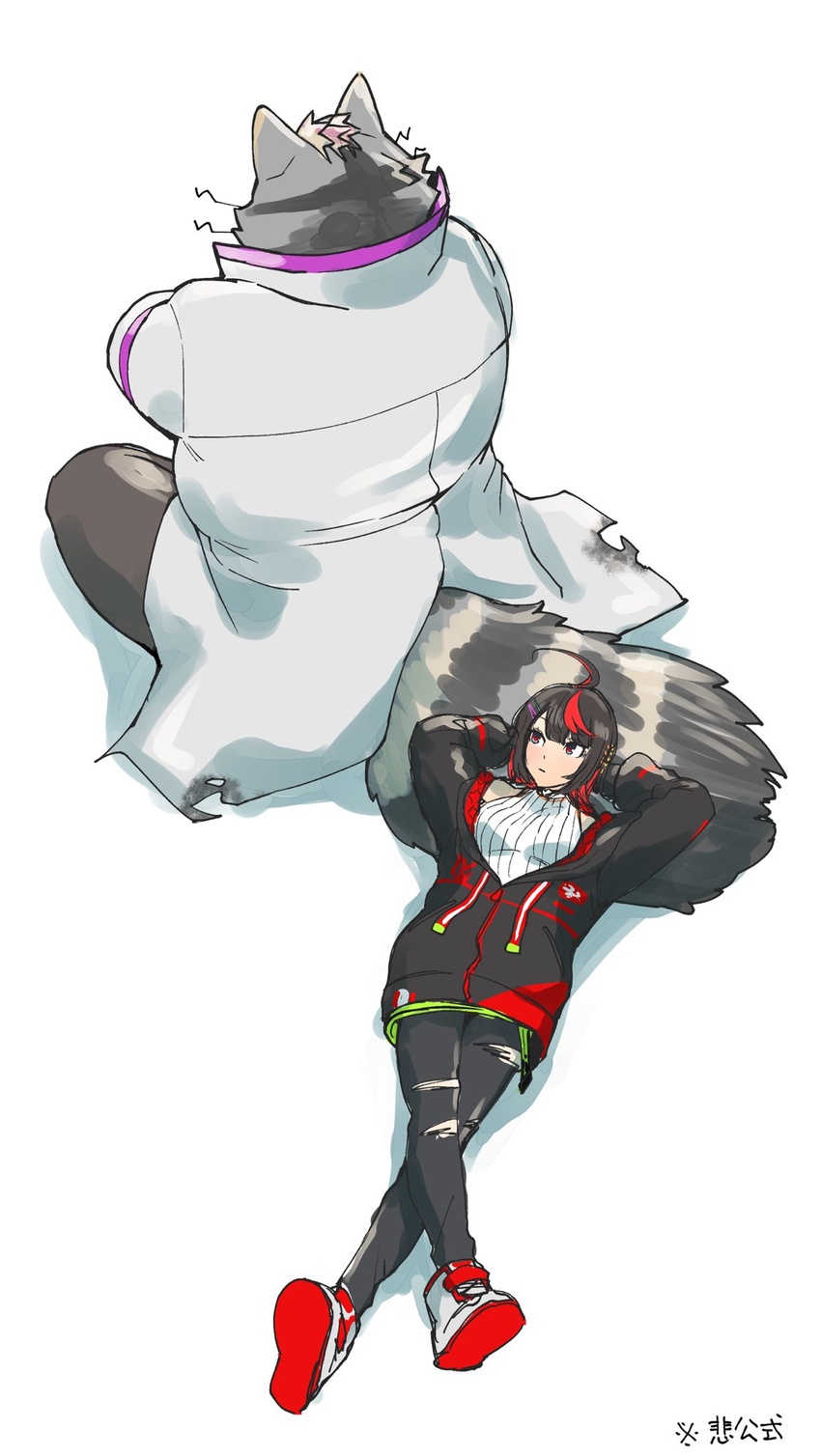 anthro black_hair brown_body brown_fur clothing coat duo female fur hair hi_res human lab_coat lifewonders live_a_hero lying male mammal on_back procyonid raccoon seikeikei2015 sensettia tail tail_pillow topwear viscunam