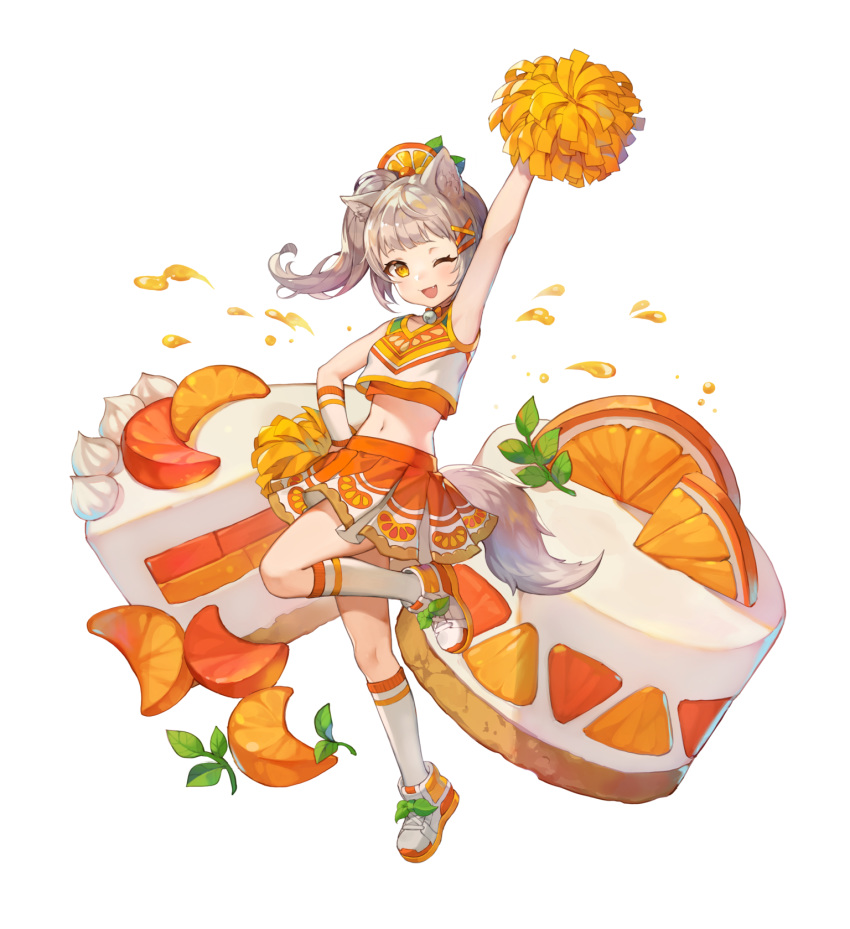 ;d animal_ears arm_up arm_warmers armpits bare_shoulders bell breasts cake cheerleader crop_top crop_top_overhang female food fruit full_body grey_hair hair_ornament hand_on_own_hip highres holding holding_pom_poms jingle_bell king's_raid kneehighs leg_up long_hair looking_at_viewer midriff miniskirt navel non-web_source oerba_yun_fang official_art one_eye_closed open_mouth orange_(fruit) orange_skirt orange_slice pleated_skirt pom_pom_(cheerleading) requina shirt shoes side_ponytail skirt sleeveless sleeveless_shirt small_breasts smile socks solo tail transparent_background undershirt white_footwear white_shirt white_socks yellow_eyes