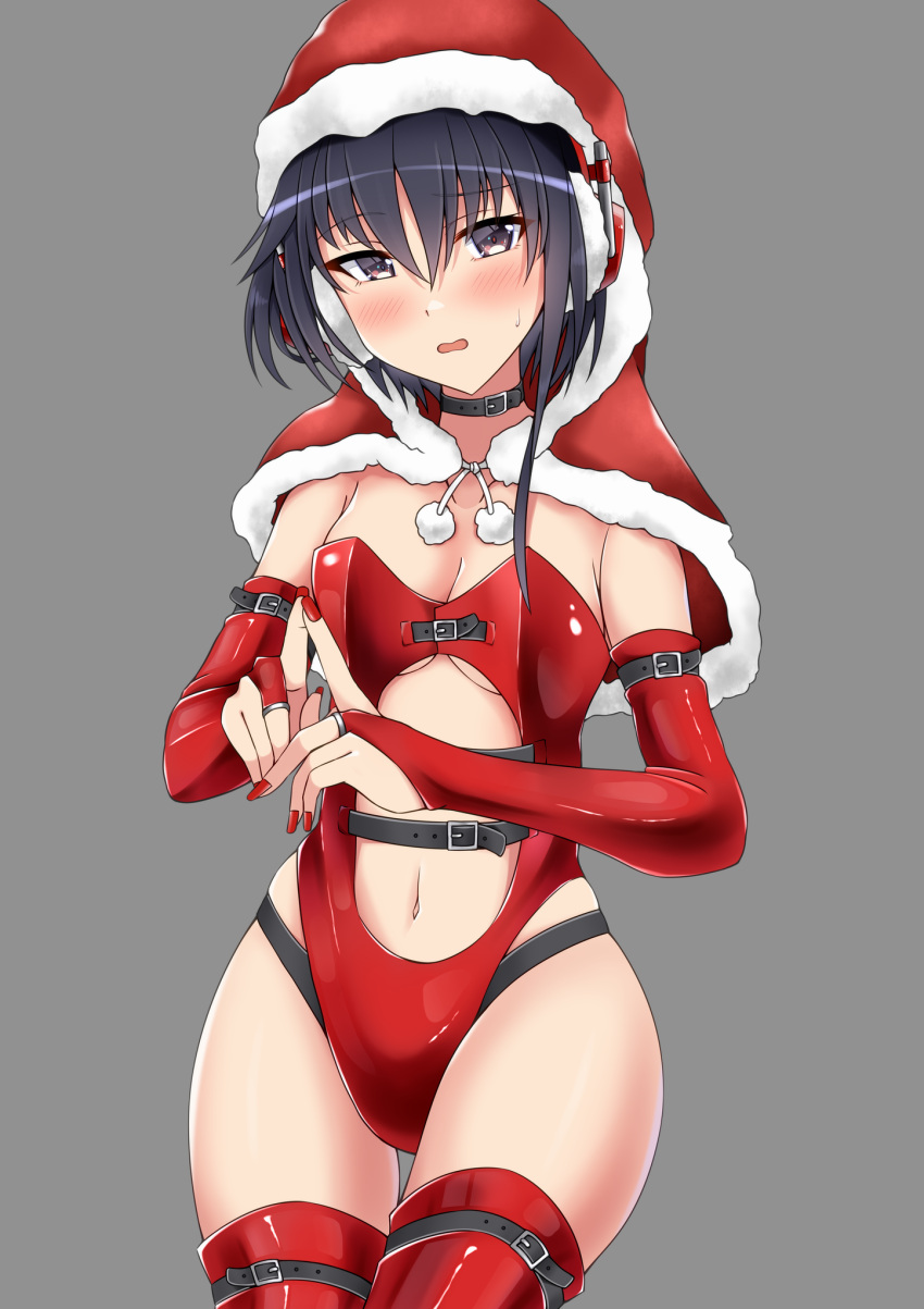 asymmetrical_hair black_hair breasts bridal_gauntlets brown_eyes capelet christmas clothing_cutout elbow_gloves female fur-trimmed_capelet fur_trim gloves hair_between_eyes headphones highres hood hooded_capelet i-13_(kancolle) kantai_collection leotard navel navel_cutout otobi red_capelet red_gloves red_leotard red_thighhighs short_hair small_breasts solo thighhighs