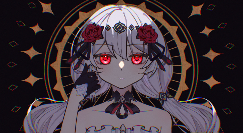 black_dress black_gloves closed_mouth dress female flower gloves hair_flower hair_ornament highres honkai_(series) honkai_impact_3rd long_hair looking_at_viewer mira_(cevio) qian_xii red_eyes red_flower red_rose rose sleeveless sleeveless_dress smile theresa_apocalypse theresa_apocalypse_(luna_kindred) twintails white_hair