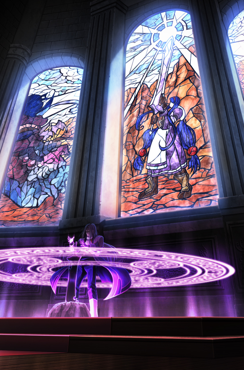 1boy anastasia_valeria argetlahm blue_hair commentary_request den_dengaku dress hair_ornament highres irving_valeria long_hair magic_circle male_focus photoshop_(medium) solo stained_glass sword weapon wild_arms wild_arms_2 wooden_floor