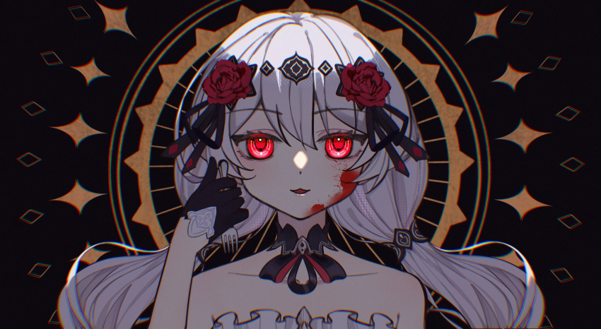 :d black_dress black_gloves blood blood_on_face dress female flower gloves hair_flower hair_ornament highres honkai_(series) honkai_impact_3rd long_hair looking_at_viewer mira_(cevio) open_mouth qian_xii red_eyes red_flower red_rose rose sleeveless sleeveless_dress smile theresa_apocalypse theresa_apocalypse_(luna_kindred) twintails white_hair