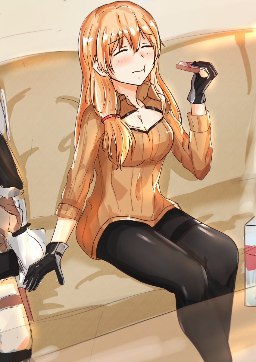 absurdres black_gloves black_pantyhose blonde_hair blush breasts brown_sweater candy chocolate cleavage closed_eyes couch eating female food girls'_frontline gloves hair_ribbon heart heart-shaped_chocolate highres long_hair medium_breasts mosin-nagant_(girls'_frontline) mosin-nagant_(mod3)_(girls'_frontline) muteppona_hito pantyhose ribbon room sitting solo sweater table