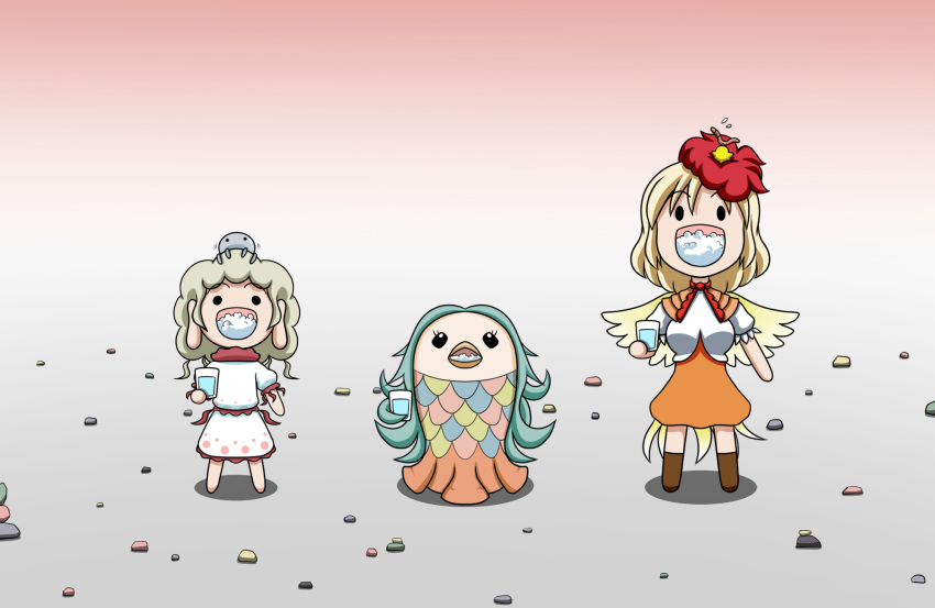 3girls amabie animal_on_head barefoot bird bird_on_head bird_wings blonde_hair blue_hair boots brown_footwear chibi chick commentary_request cup dress ebisu_eika gargling highres holding holding_cup jellyfish knee_boots layered_dress light_brown_hair long_earlobes long_hair multicolored_hair multiple_girls niwatari_kutaka on_ground on_head open_mouth orange_skirt puffy_short_sleeves puffy_sleeves rakugaki-biyori red_hair rock short_hair short_sleeves skirt solid_circle_eyes solid_oval_eyes standing touhou traditional_youkai two-tone_hair white_dress wings worm