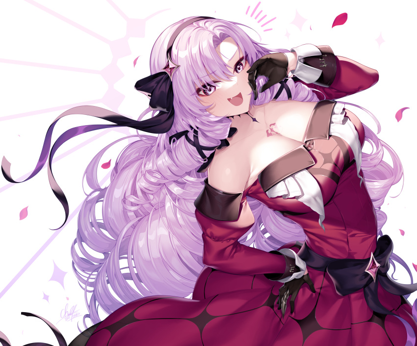 absurdres black_gloves black_hairband breasts chest_tattoo claw_ring cleavage dress drill_hair female gloves hairband hand_to_own_mouth highres hyakumantenbara_salome hyakumantenbara_salome_(1st_costume) izulizuru large_breasts laughing leaning_back light_purple_hair long_hair looking_at_viewer nijisanji oerba_yun_fang off-shoulder_dress off_shoulder ojou-sama_pose open_mouth parted_bangs purple_eyes purple_hairband purple_ribbon quad_drills red_dress red_sleeves ribbon scorpion_tattoo smile solo tattoo tsurime very_long_hair virtual_youtuber