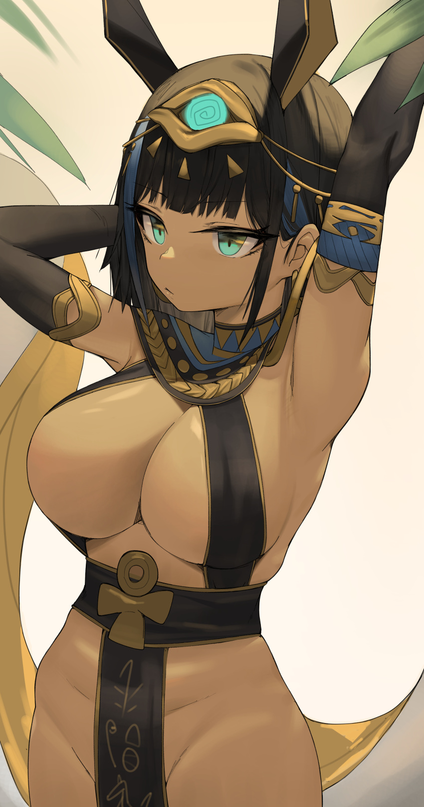 absurdres animal_ears aqua_eyes armpits arms_up black_gloves black_hair blue_hair blunt_bangs breasts cleavage commission cowboy_shot dark-skinned_female dark_skin egyptian egyptian_clothes egyptian_mythology elbow_gloves female gloves hair_ornament highres large_breasts multicolored_hair no_panties original pelvic_curtain revealing_clothes second-party_source set_(mythology) solo streaked_hair tonki