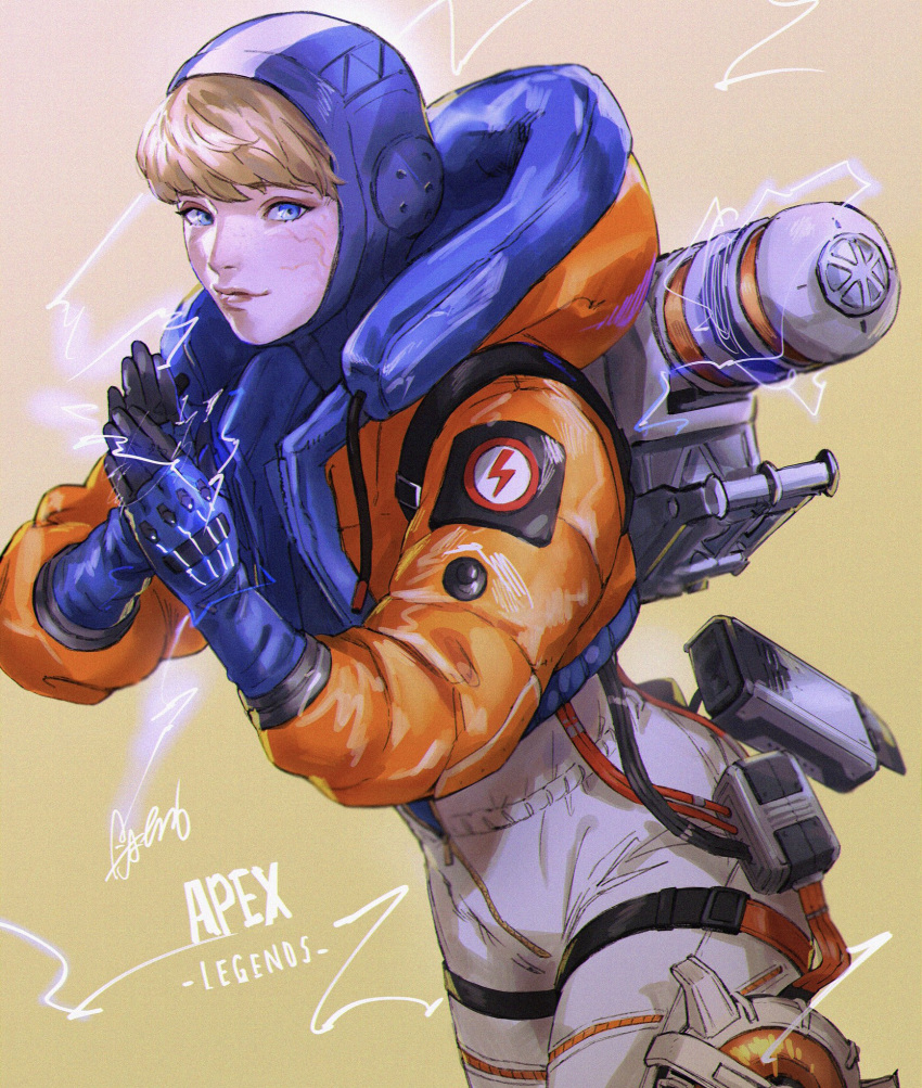 apex_legends blonde_hair blue_eyes bodysuit commentary_request copyright_name cowboy_shot electricity female highres hood hood_down hooded_bodysuit jacket lichtenberg_figure multicolored_bodysuit multicolored_clothes orange_jacket own_hands_together roru_(lol_dessin) scar scar_on_cheek scar_on_face signature solo wattson_(apex_legends)