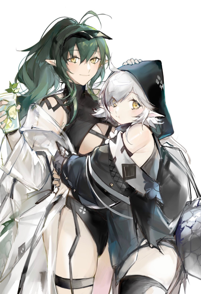 2girls :t ahoge alternate_hairstyle antenna_hair arknights bare_shoulders breasts chinese_commentary commentary cowboy_shot crocodilian_tail cup gavial_(arknights) green_hair hair_between_eyes headpat highres holding holding_cup hood hug lizi_(st3648) long_hair long_sleeves looking_at_viewer medium_breasts multiple_girls official_alternate_costume pointy_ears ponytail simple_background smile standing swimsuit tail thigh_strap thighs tomimi_(arknights) visor_cap white_background white_hair yellow_eyes