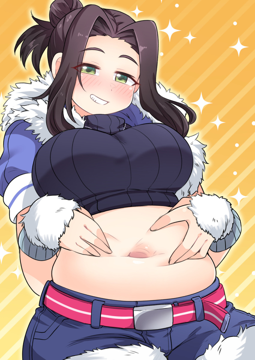 amagaeru_(hylathewet) belly belly_grab belt black_hair blush breasts commission ebihara_naho female fur-trimmed_shorts fur-trimmed_sleeves fur_trim green_eyes grin highres idolmaster idolmaster_cinderella_girls large_breasts looking_at_viewer navel orange_background pink_belt plump shorts skeb_commission smile solo spread_navel two-tone_background yellow_background