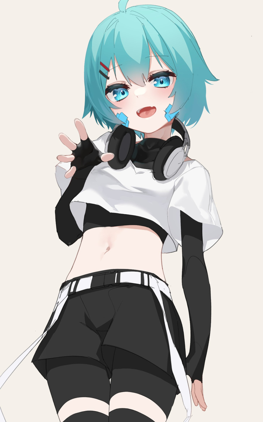 :d ahoge aqua_hair bad_id bad_twitter_id belt black_gloves black_shirt black_shorts blue_eyes character_request check_copyright copyright_request cowboy_shot crop_top crop_top_overhang elbow_gloves female fingerless_gloves gloves hair_ornament hairclip hand_up headphones headphones_around_neck highres looking_at_viewer midriff mokew navel oerba_yun_fang open_mouth original shirt short_hair short_shorts short_sleeves shorts simple_background smile solo stomach thighhighs undershirt white_background white_shirt