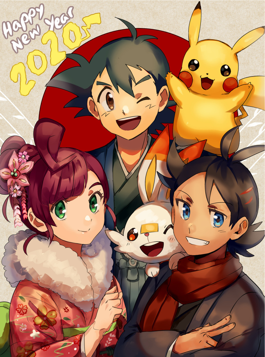 2020 2boys ;d alternate_costume antenna_hair black_hair blue_eyes brown_eyes chloe_(pokemon) clenched_teeth closed_mouth commentary eyelashes female flower goh_(pokemon) green_eyes hair_between_eyes hair_bun hair_flower hair_ornament happy_new_year highres japanese_clothes kash-phia kimono multiple_boys new_year on_shoulder one_eye_closed open_mouth pikachu pokemon pokemon_(anime) pokemon_(creature) pokemon_journeys pokemon_on_shoulder red_scarf satoshi_(pokemon) scarf single_hair_bun smile teeth tongue upper_teeth_only w