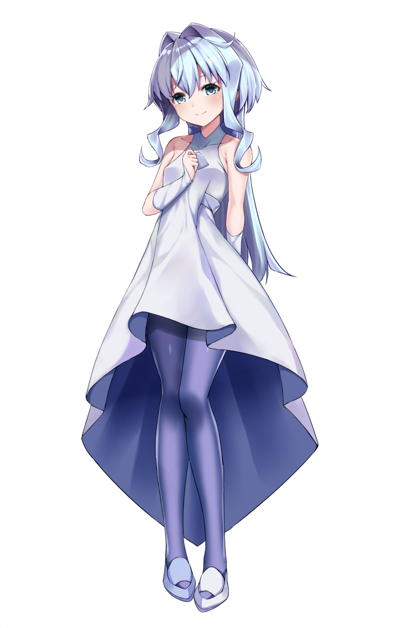 arm_behind_back blue_eyes blue_hair blue_pantyhose dress female full_body gundam gundam_build_divers hair_intakes hand_on_own_chest highres long_hair pantyhose photoshop_(medium) sara_(gundam_build_divers) shimo_(shimo_00) shoes simple_background sleeveless sleeveless_dress smile solo white_background white_dress white_footwear