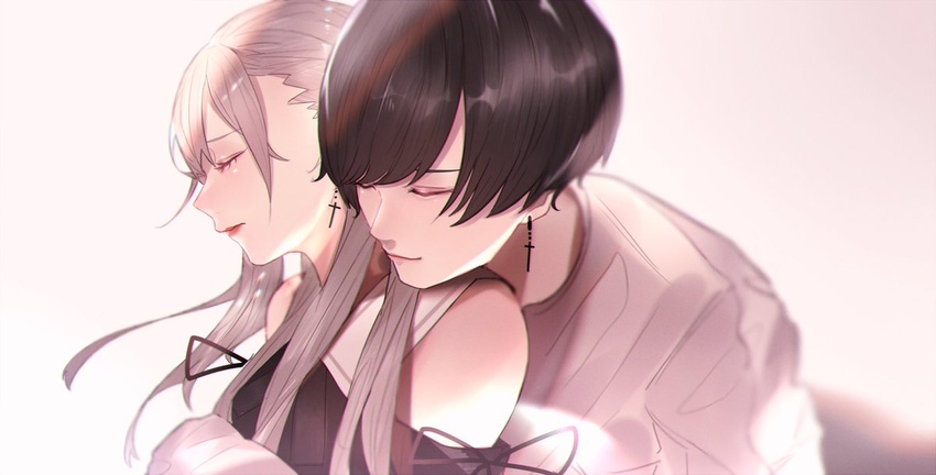 1boy bad_id bad_twitter_id black_hair close-up couple cross cross_earrings earrings female grey_hair hug hug_from_behind jewelry long_hair mano_aaa matching_earrings original straight