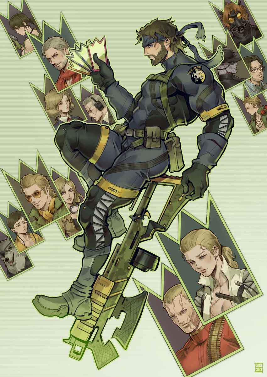 1boy absolum_art absurdres ass bara beard big_boss blonde_hair bodysuit boots brown_hair canine card chico_(metal_gear) commentary covered_abs crossover diamond_dog eli_(metal_gear) eva_(metal_gear) eyepatch facial_hair glasses grey_hair gun headband highres huey_(metal_gear) kazuhira_miller kingdom_hearts kingdom_hearts_chain_of_memories large_pectorals looking_at_viewer major_zero male_focus metal_gear_(series) metal_gear_solid_3:_snake_eater metal_gear_solid_v:_the_phantom_pain muscular muscular_male parody paz_ortega_andrade pectorals quiet_(metal_gear) revolver_ocelot scarf sunglasses the_boss thick_thighs thighs tight_clothes tretji_rebenok weapon yevgeny_borisovitch_volgin