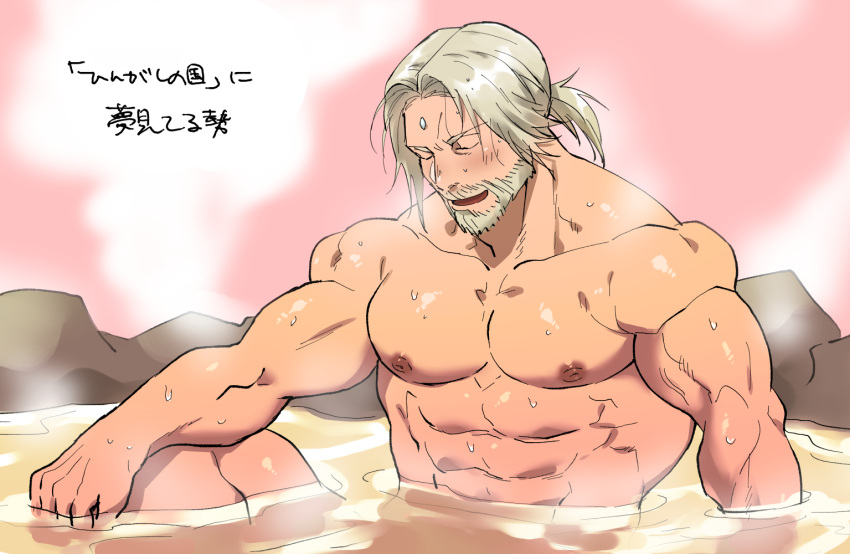 1boy abs bara beard blush cid_nan_garlond completely_nude facial_hair final_fantasy final_fantasy_xiv grey_hair knee_up large_pectorals male_focus mature_male medium_hair moustache muscular muscular_male nipples nude onsen partially_submerged pectorals rock solo stomach sugo6969 translated water wet wet_hair