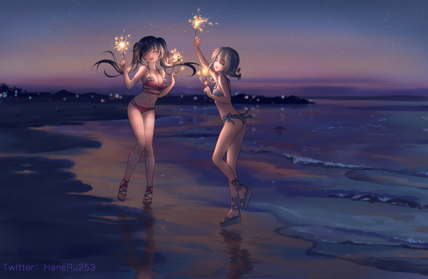 2girls arm_up ass bare_shoulders beach bikini black_hair blue_bikini breasts cleavage closed_eyes fireworks full_body grey_hair haneru haori_haruki highres himino_seika himitsu_no_jugyou holding long_hair medium_breasts multiple_girls navel ocean open_mouth original outdoors pink_bikini rope_marks sandals shibari_marks side-tie_bikini_bottom smile sparkler swimsuit tan tanlines twilight twintails water