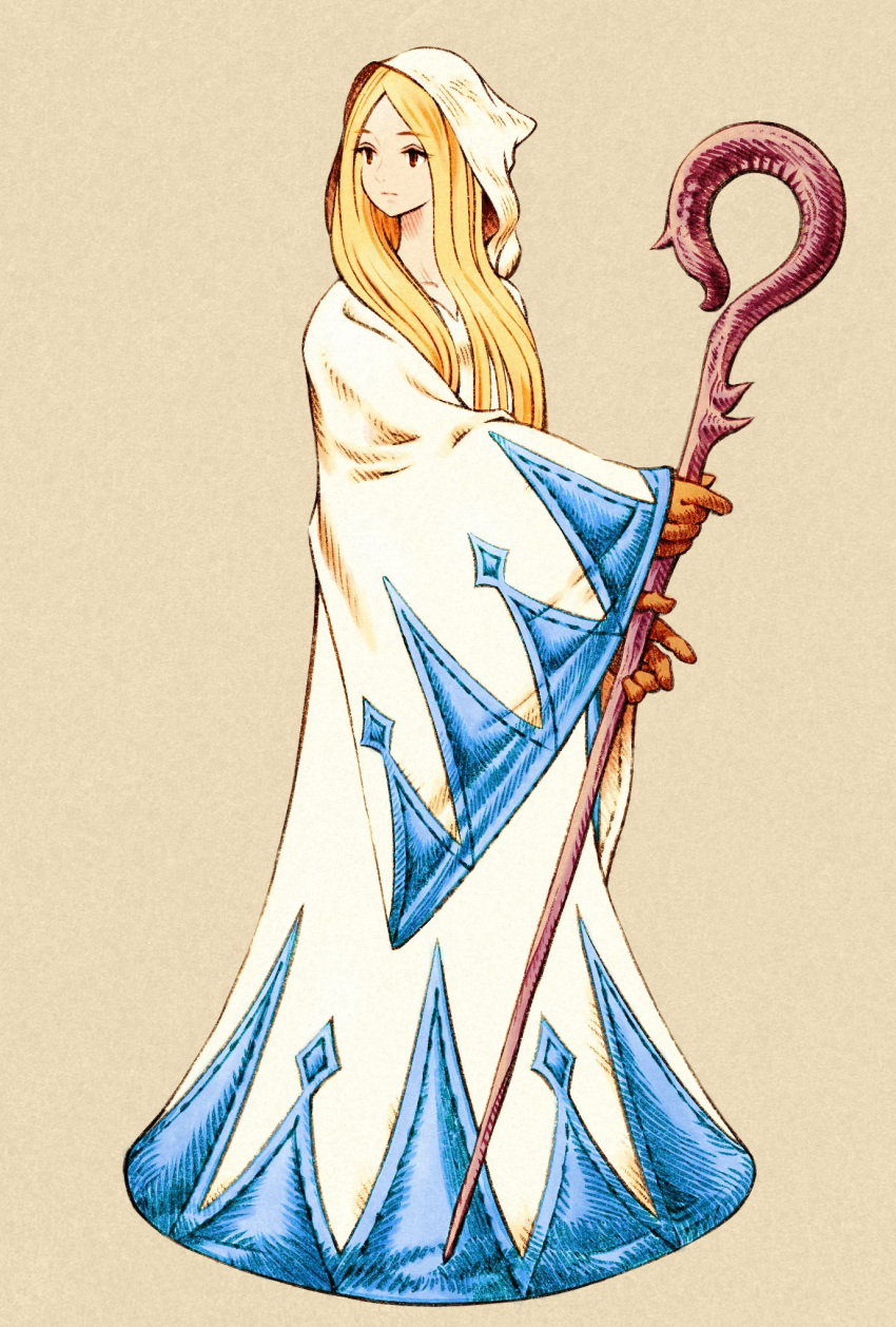 blonde_hair brown_eyes closed_mouth female final_fantasy final_fantasy_tactics full_body gloves highres hood long_hair official_style parody robe shinichi_kobe simple_background solo staff style_parody weapon white_mage_(fft) white_mage_(final_fantasy) yoshida_akihiko_(style)