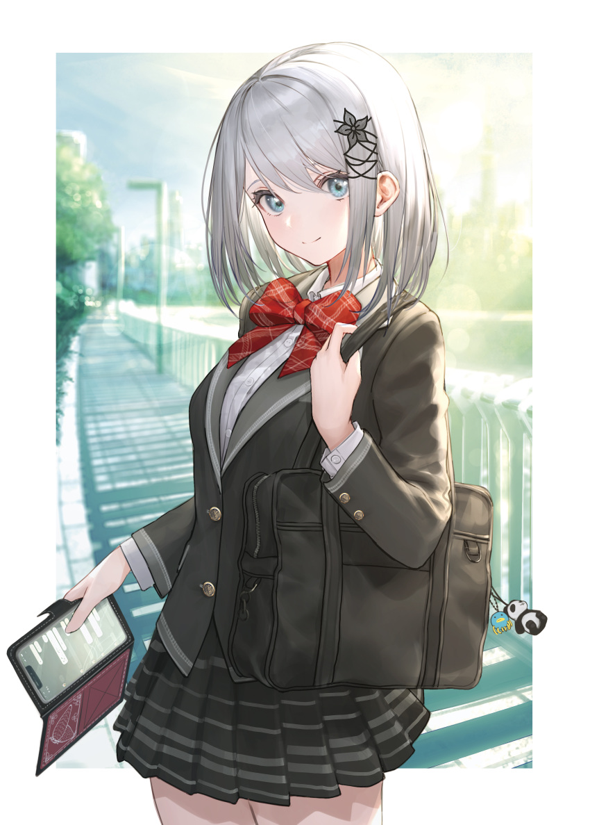 absurdres bag black_jacket black_skirt blazer blue_eyes blurry blurry_background blush border bow bowtie breasts closed_mouth collared_shirt commentary cover_image cowboy_shot female fence grey_hair hair_ornament highres holding holding_bag holding_phone houkago_no_seijo-san_ga_toutoi_dake_ja_nai_koto_wo_ore_wa_shitteiru jacket lamppost long_sleeves looking_at_viewer medium_breasts medium_hair miniskirt novel_illustration official_art outdoors outside_border phone pleated_skirt red_bow red_bowtie road school_bag school_uniform shirase_seira shirt skirt smile solo standing street sunlight takubon tree white_border white_shirt